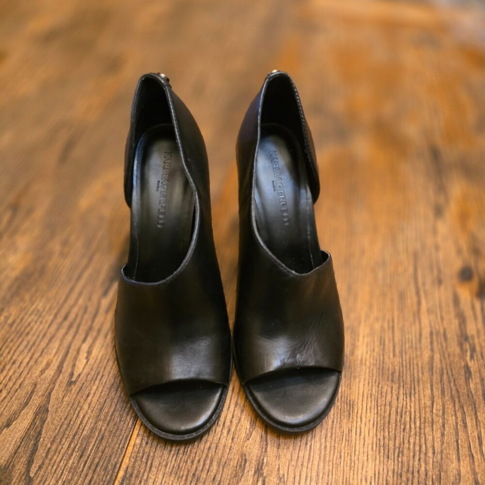 KARL LAGERFELD Paris Brette/D21 Black Leather Peep Toe Ulta-high Pump size 8 - Picture 9 of 11